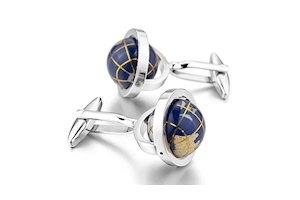 Peora Really Spins Rhodium Plated Blue Globe Earth Cufflinks for Men